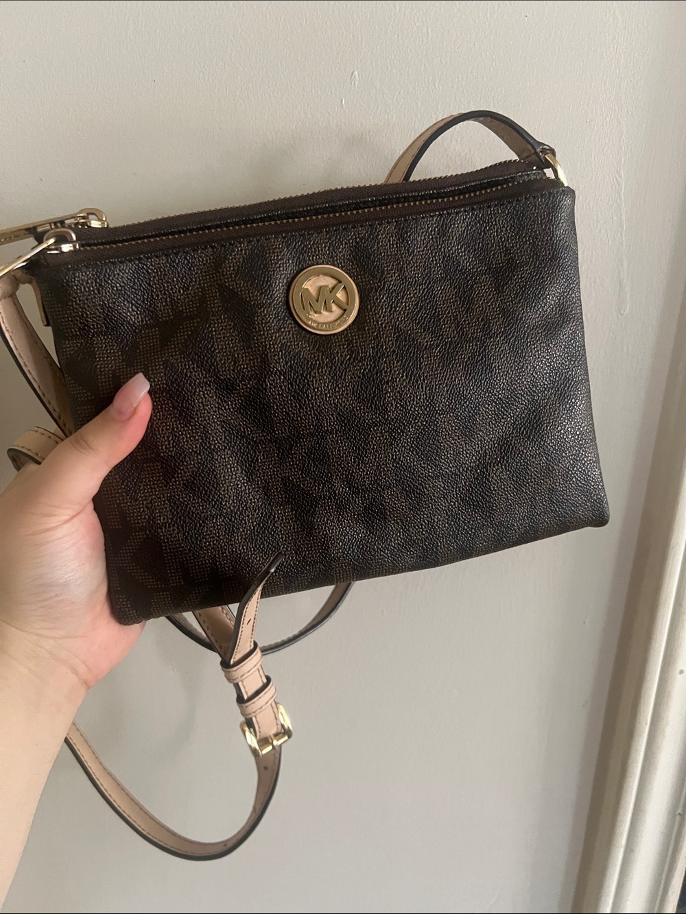 Michael Kors Dark Brown Monogram Crossbody with Gold Logo